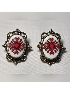 Vintage Ukrainian cross-stitch motif Clip-on Earrings